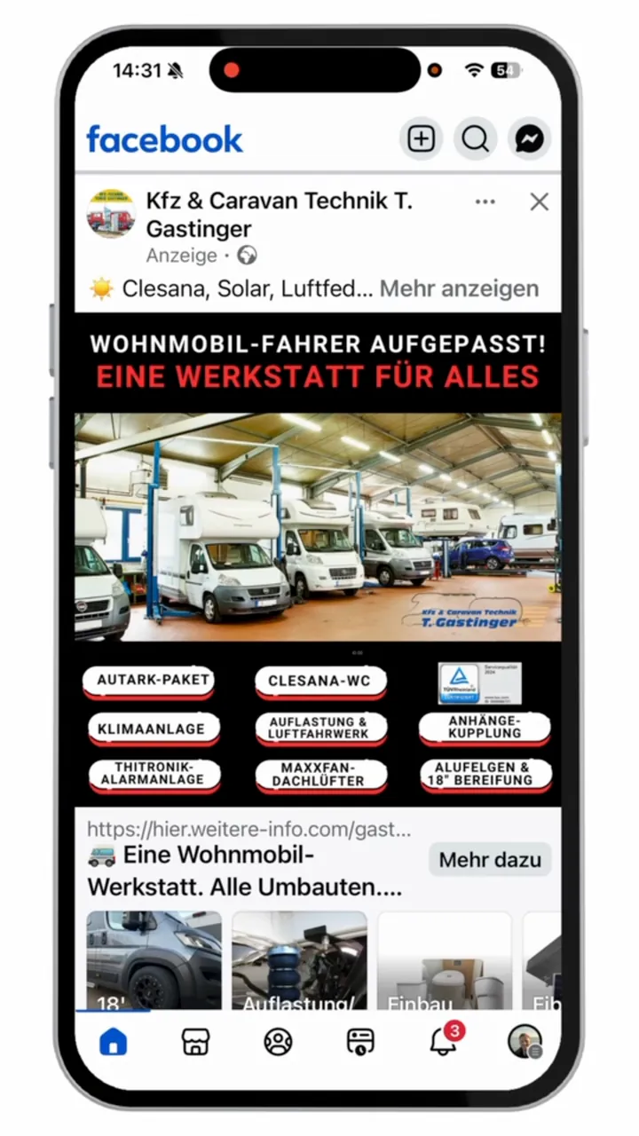 Live-Funnel auf dem Handy: Facebook-Anzeige von Caravan-Technik Gastinger